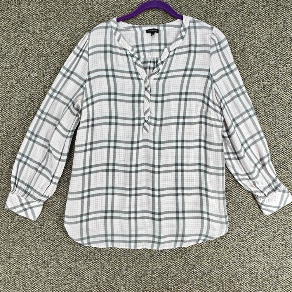 Talbots Plaid Henley Blouse Womens Large Pink Grey Rayon Long Sleeve Top